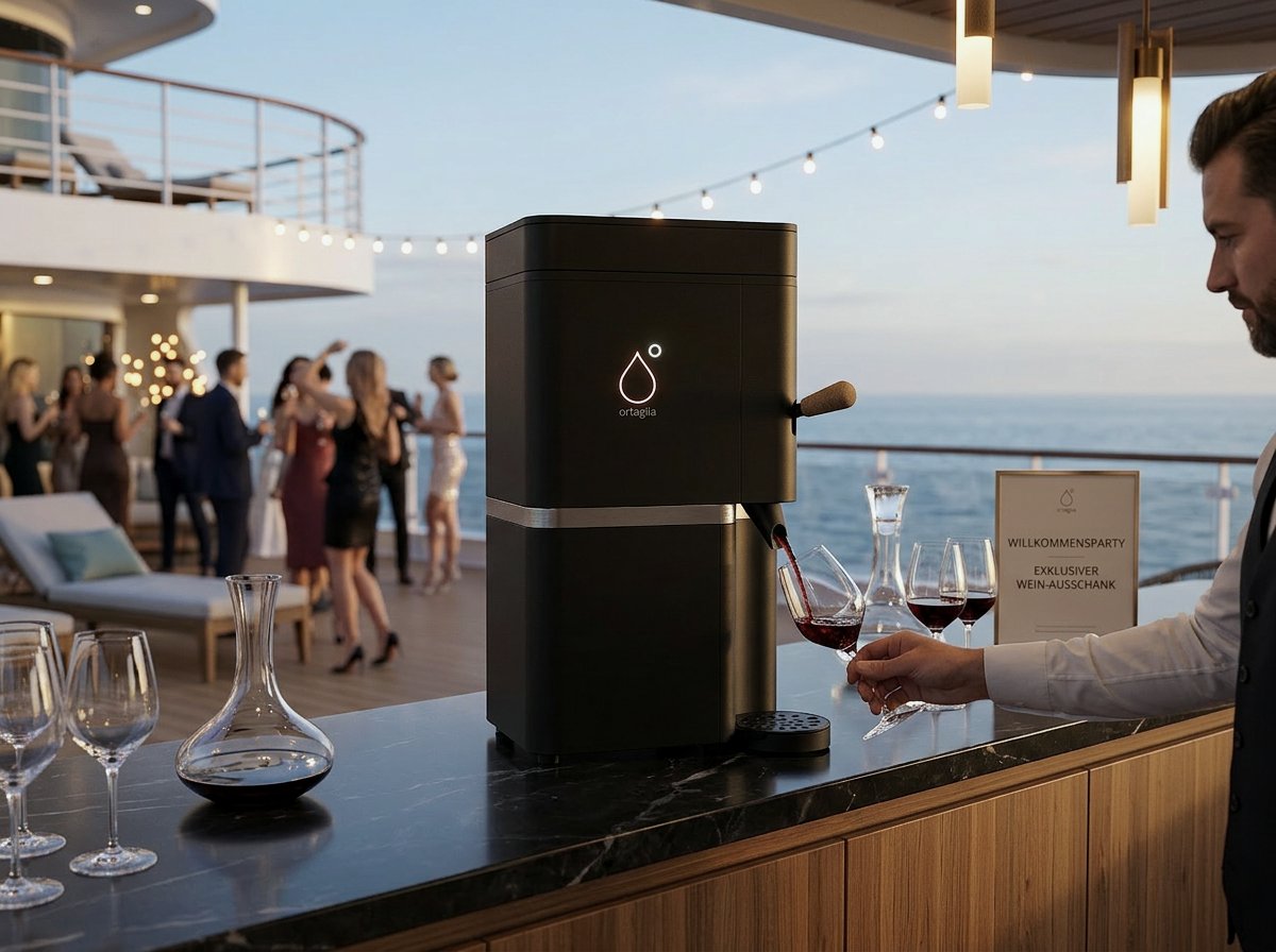 ortaglia auf dem Deck eines Kreuzfahrtschiffs – Rotwein wird in der Abendsonne in Karaffe und Gläser gezapft