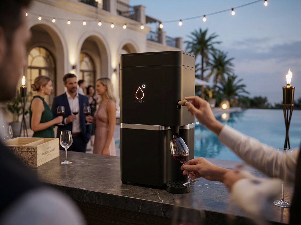 ortaglia bei einer Abendveranstaltung am Pool – ein Gast zapft sich ein Glas Rotwein