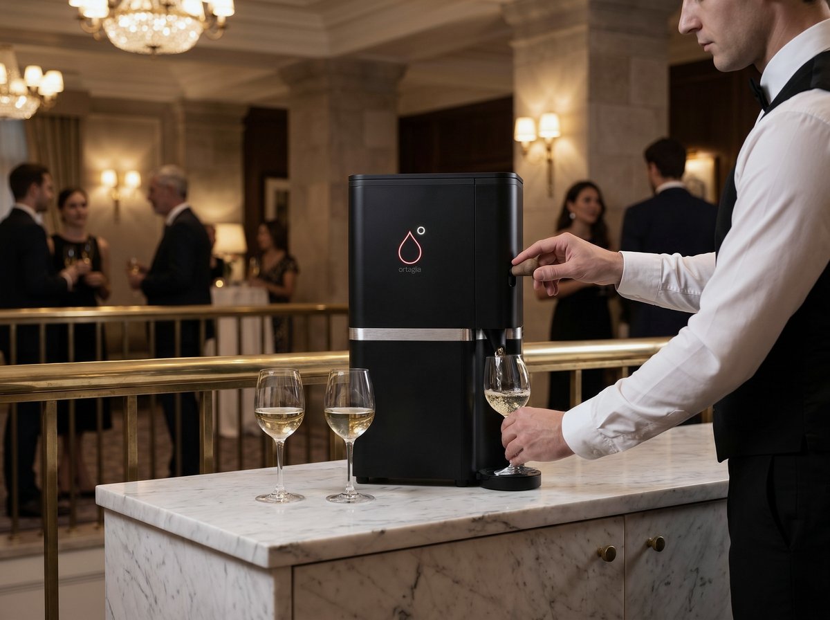 ortaglia auf einem Marmor-Sideboard in einer Hotellobby – ein Kellner zapft Weißwein beim Empfang